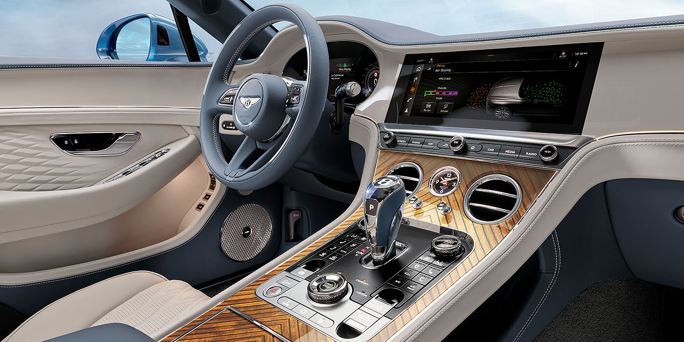 Bentley New Delhi New Bentley Continental GTC Azure convertible interior front cabin view with Linen and Brunel hides and Piano Linen by Mulliner veneer featuring centre console and centre MMI screen