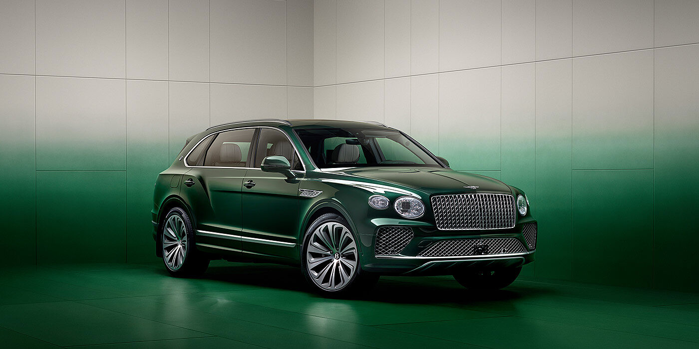 Bentley New Delhi Bentley Bentayga Extended Wheelbase SUV in Light Emerald green paint front three quarter in green grey room
