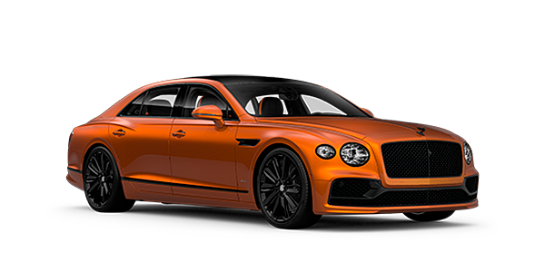 Bentley New Delhi Bentley Flying Spur Speed front side angled view in Orange Flame coloured exterior. 